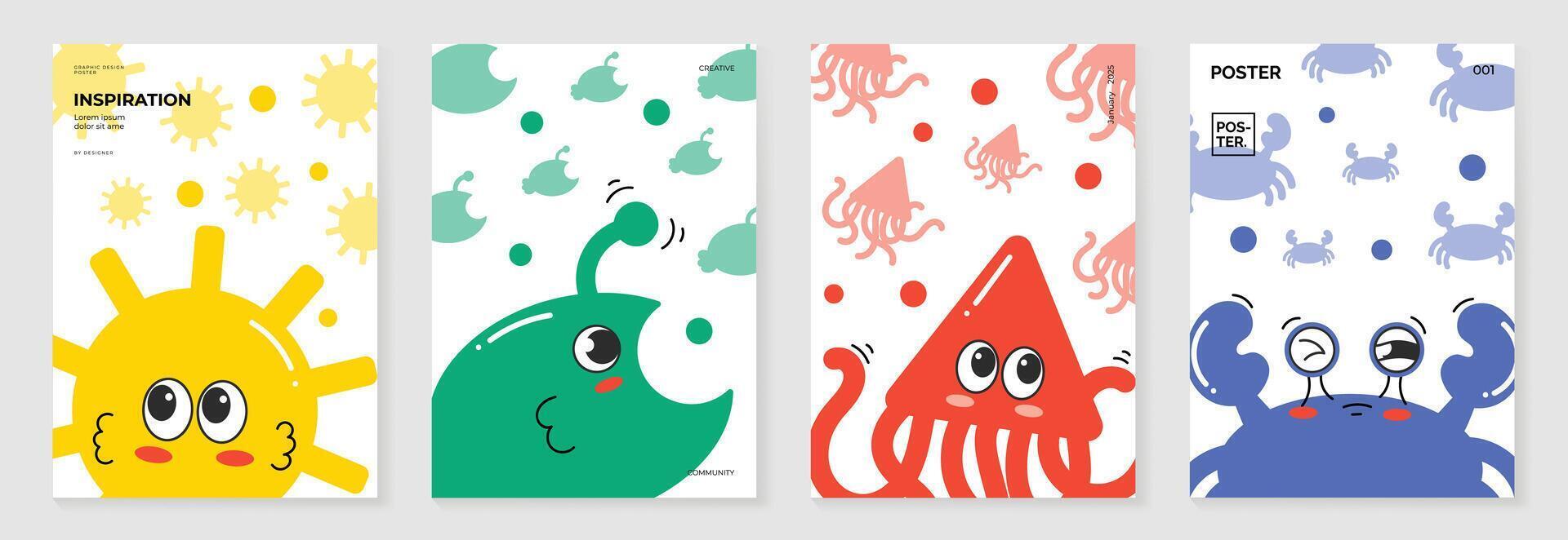 Kids and children sea ocean life with angelfish, crab and squid cover design background. vector