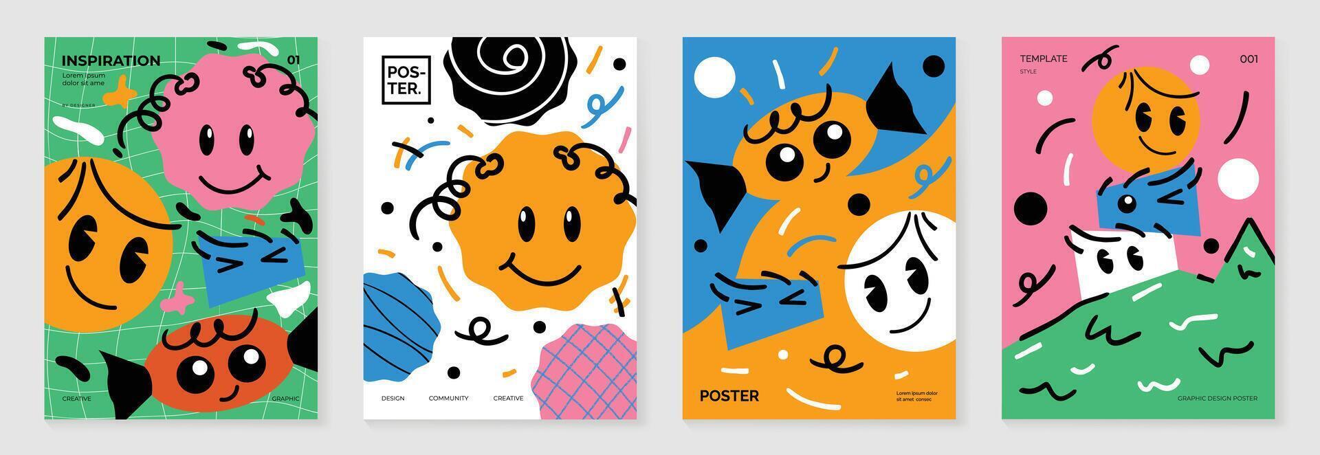 Colorful hand drawn with geometric shape and funny faces poster vector