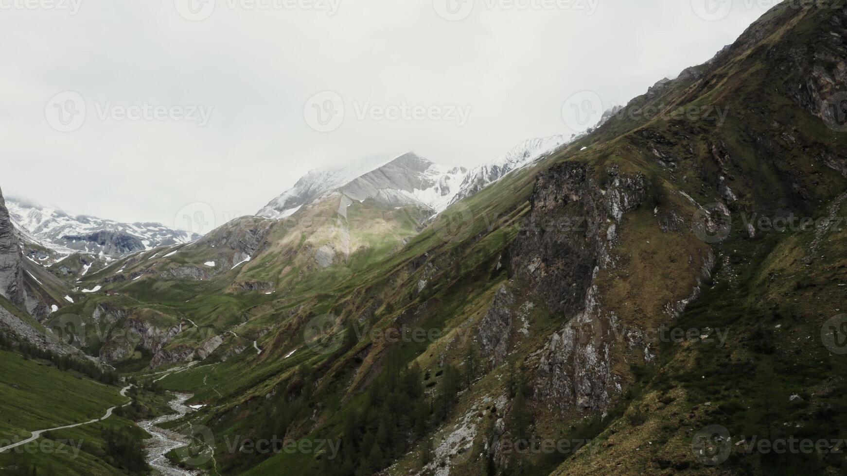 Panoramic view of the high Alpine valley. Drone on a summer day, Austria photo