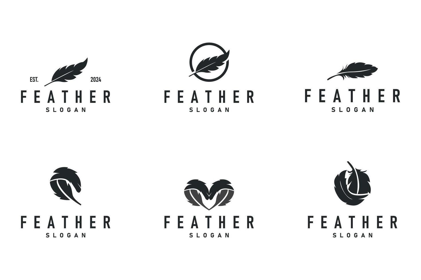 feather logo design, simple black silhouette concept of bird feathers and as a symbol of brand design template illustration vector