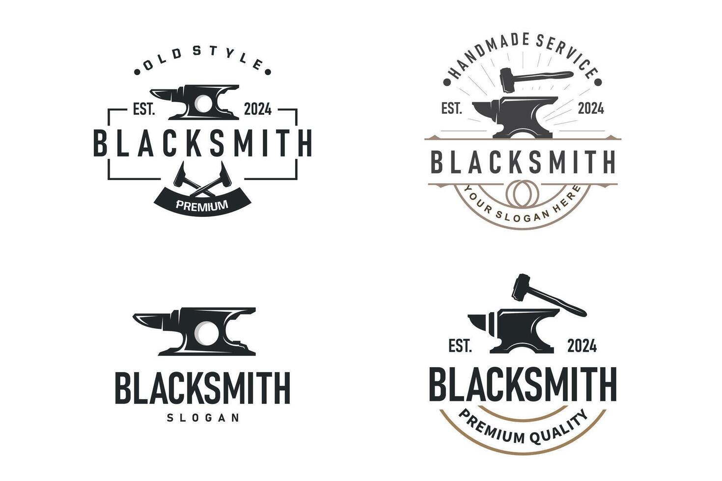 Blacksmith craft logo set bundle with black silhouette antique workshop emblem forge anvil template illustration vector