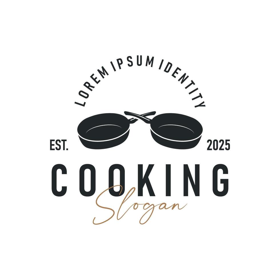 vintage retro design cooking logo concept with black silhouette frying pan simple restaurant brand logo, cafe, bar vector