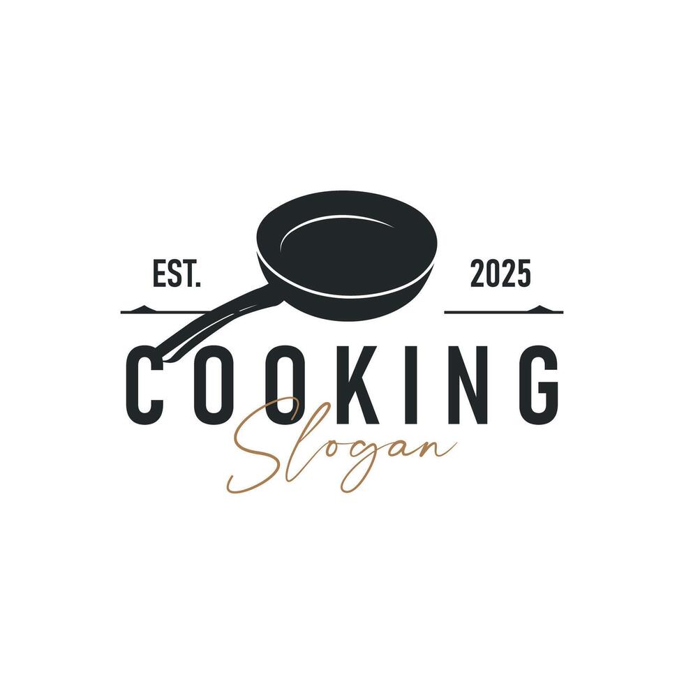 vintage retro design cooking logo concept with silhouette frying pan simple template restaurant brand logo, cafe, bar vector