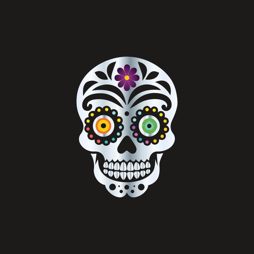 a sugar skull with colorful eyes on a black background vector