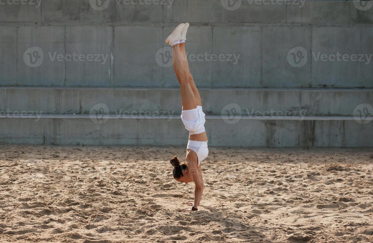Outdoors,, fitness conception. Young skinny woman is outdoors photo