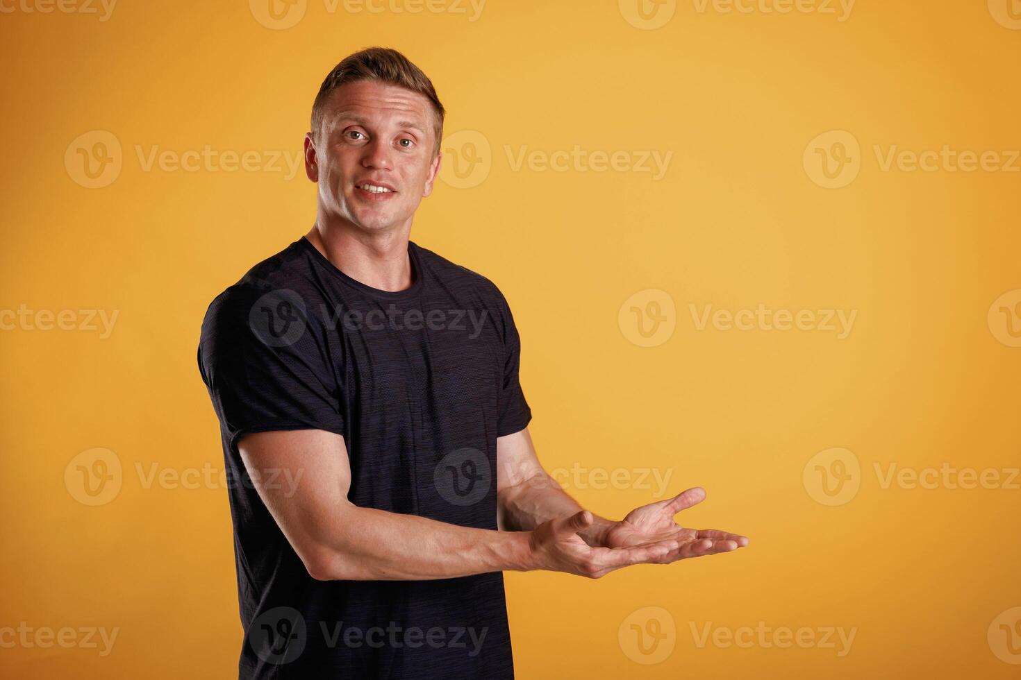 Invisible ,copy space, arms. Man is against background in the studio photo