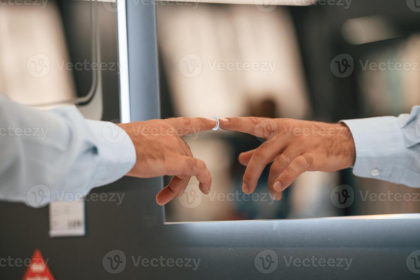 Close, up, view, touching smart mirror. Man is in the hardware shop photo