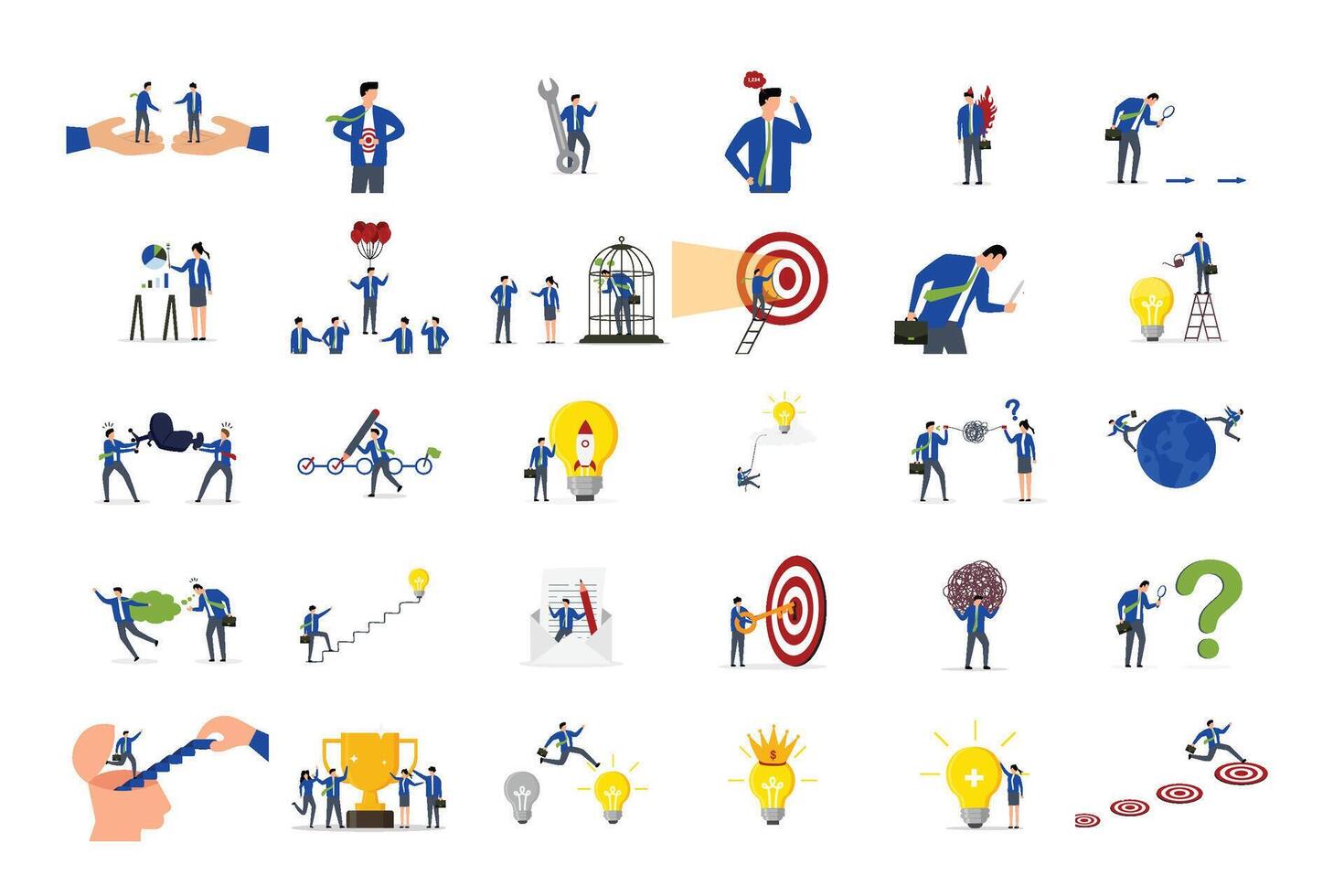 Business illustrations set. Collection of scenes with men and women taking part in business activities vector