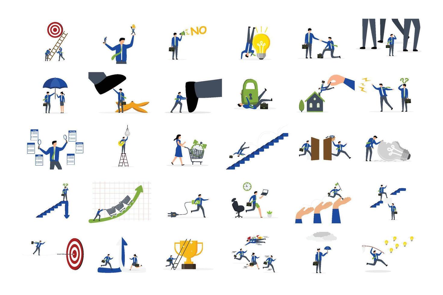 Business illustrations. Collection of scenes with men and women taking part in business activitie vector
