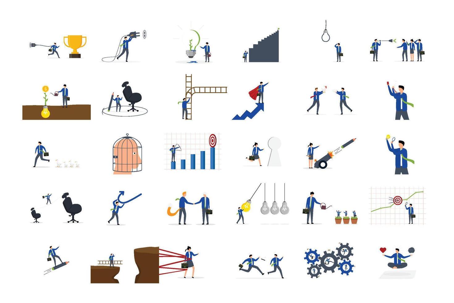Business illustrations set. Collection of scenes with men and women taking part in business activity vector