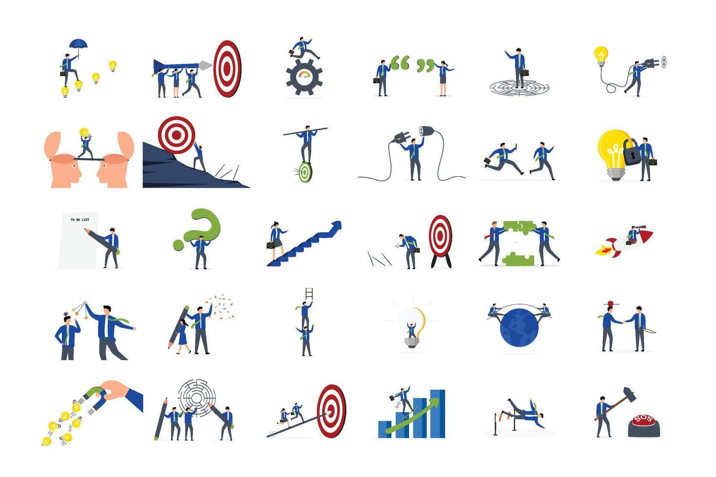 Business illustrations set, Collection of scenes with men and women taking part in business activities vector