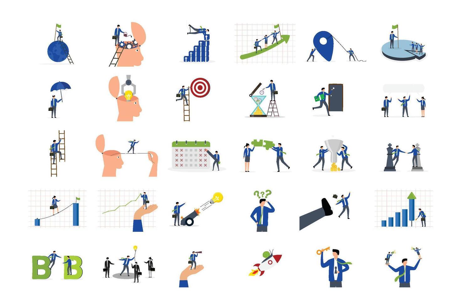 Business illustrations, Collection of scenes with men and women taking part in business activities vector