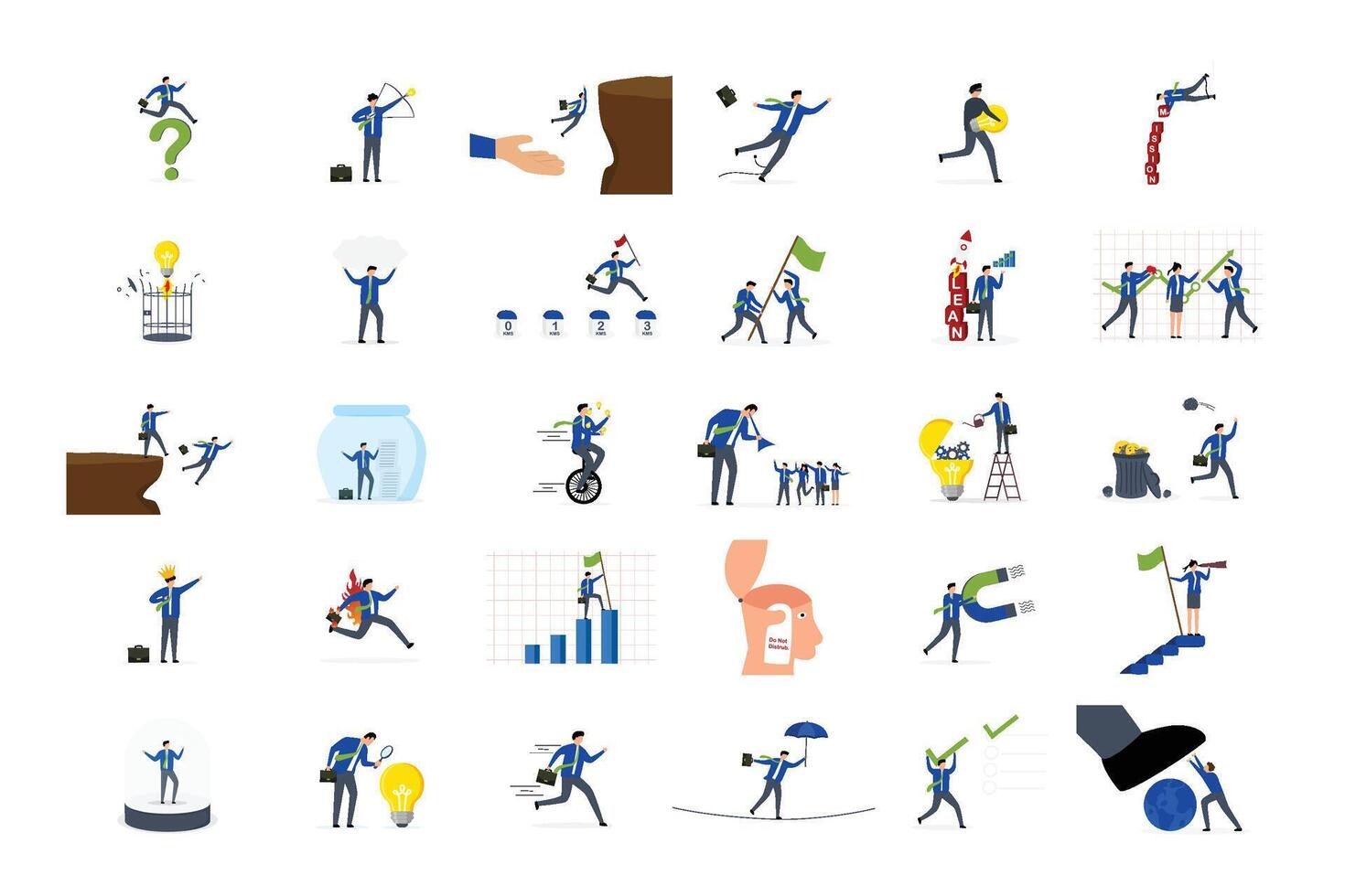 Business illustrations. Collection of scenes with men and women taking part in business activities vector