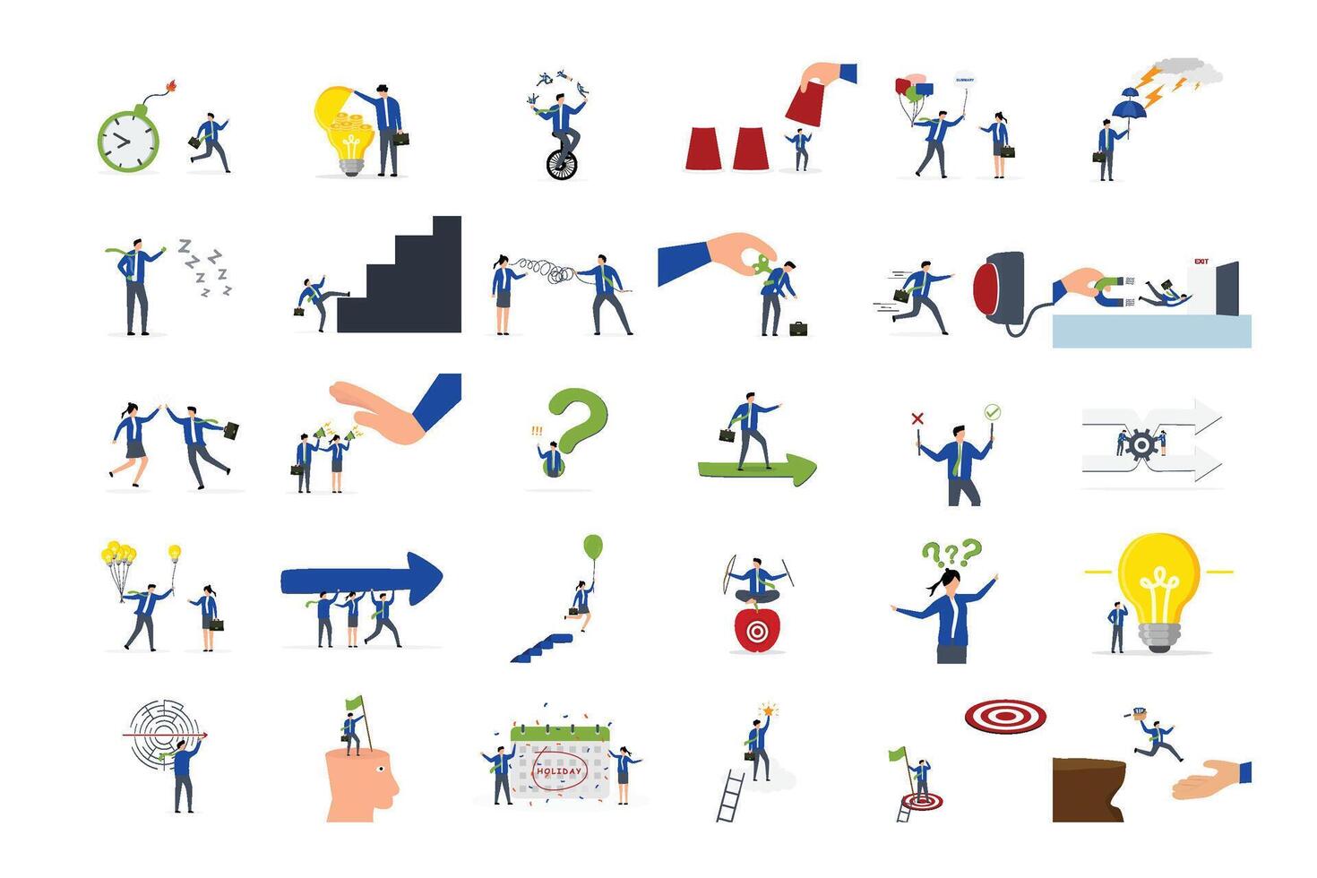 Business illustrations set Collection of scenes with men and women taking part in business activities vector