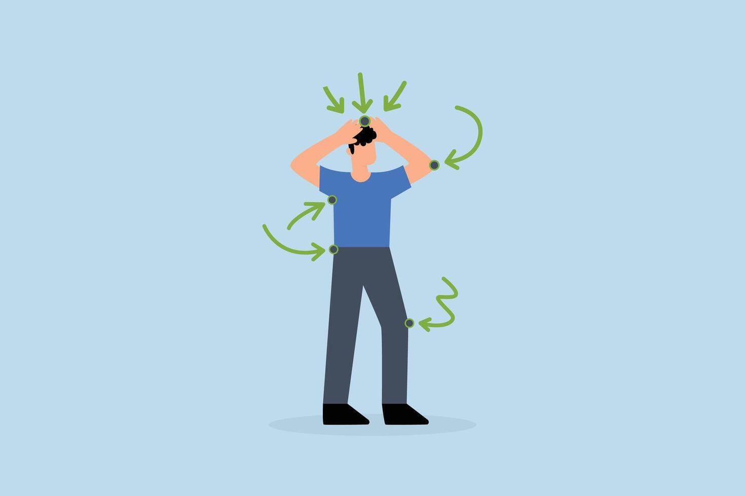 Customer pain points. unhappy customer with several arrows pointing to the source of the problem. vector