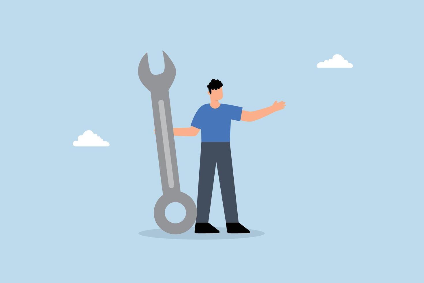 Fix business problem, businessman carrying large wrench metaphorically vector