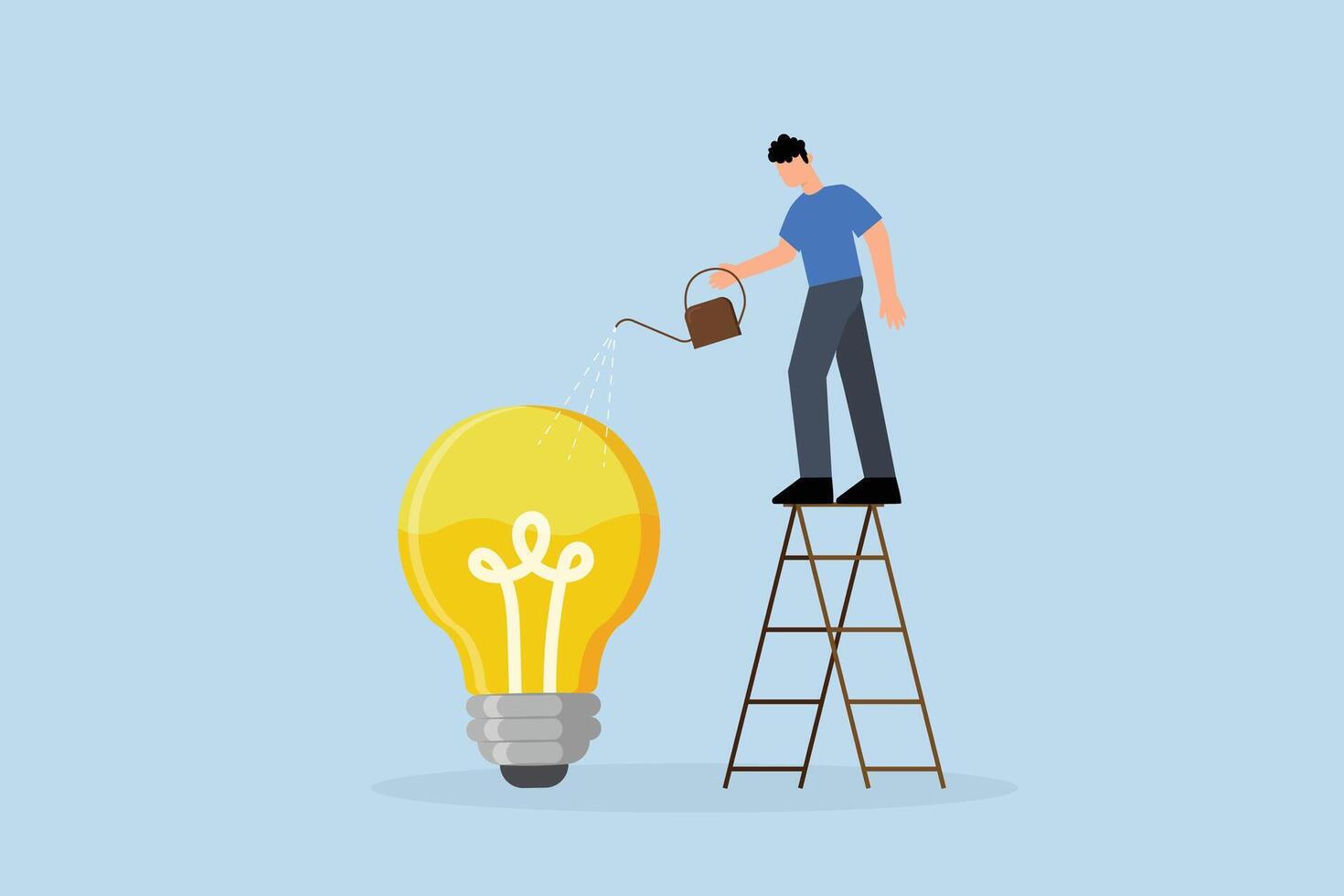 Idea development, businessman is watering light bulb with ladder to fill it with fluids. vector