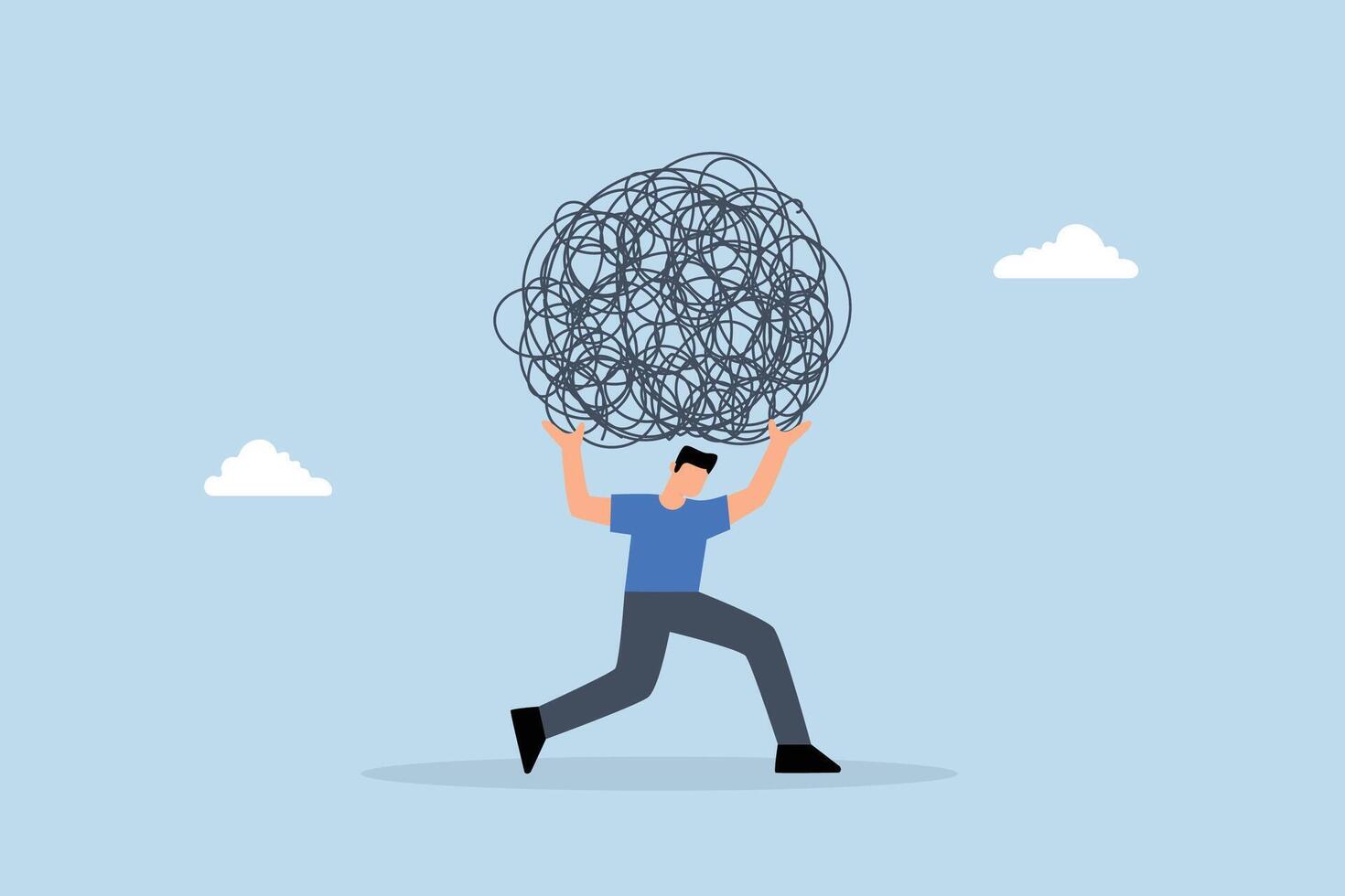 Stress burden, tired businessman carrying heavy tangled rope on his back. vector
