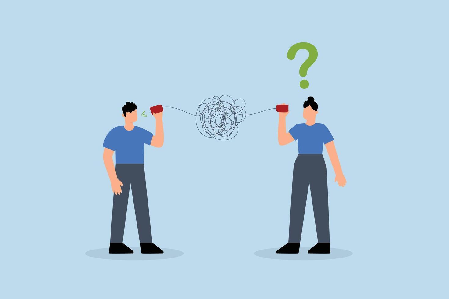 Bad communication, businessman talks through confused chaos, tangled phone line confuses others vector