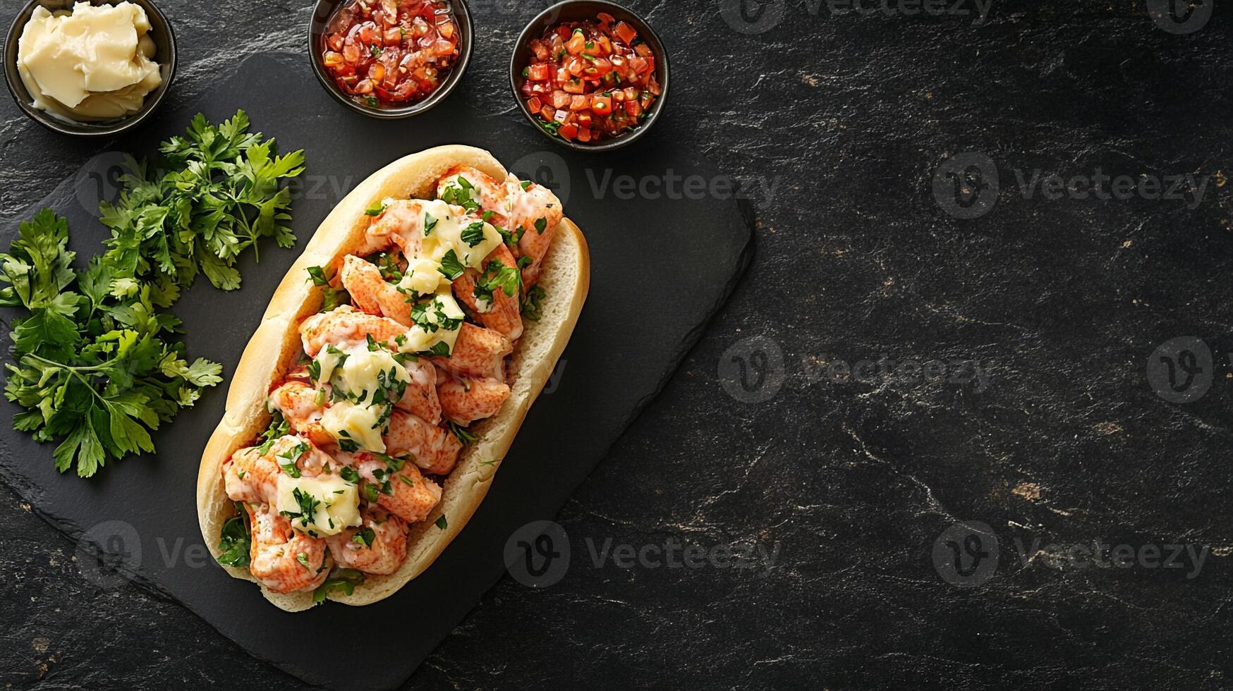 Top View Lobster Roll With Butter, Food Setting photo