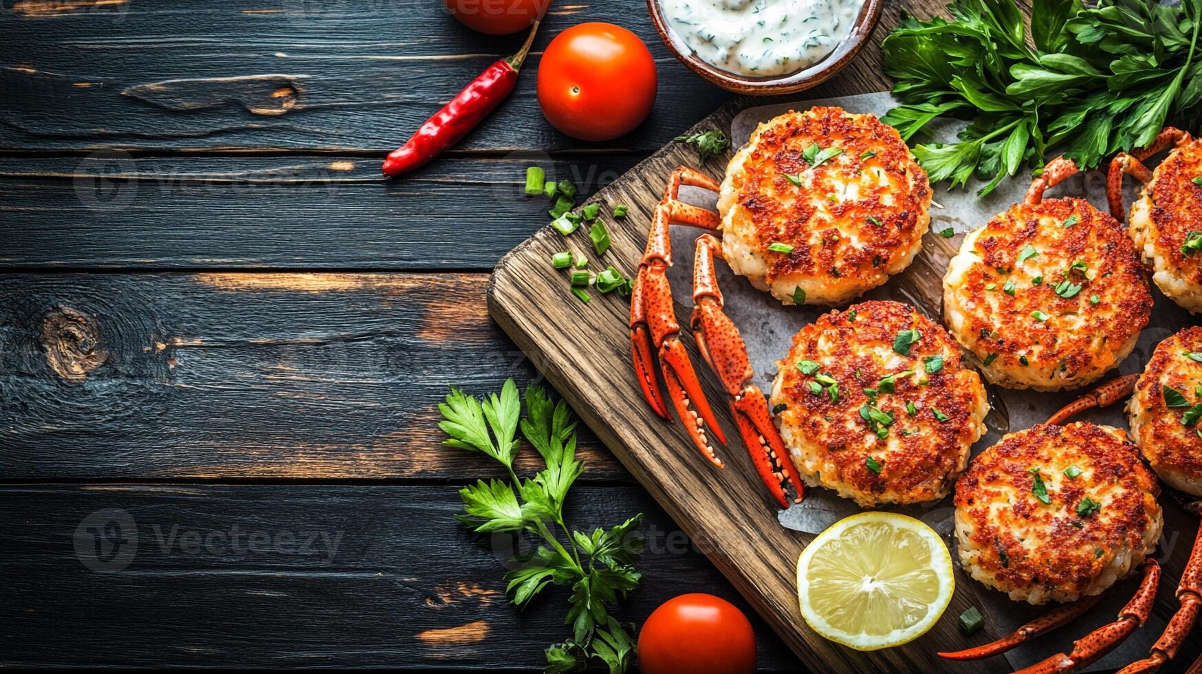 Top View Maryland Crab Cakes With Remoulade, Food Setting photo