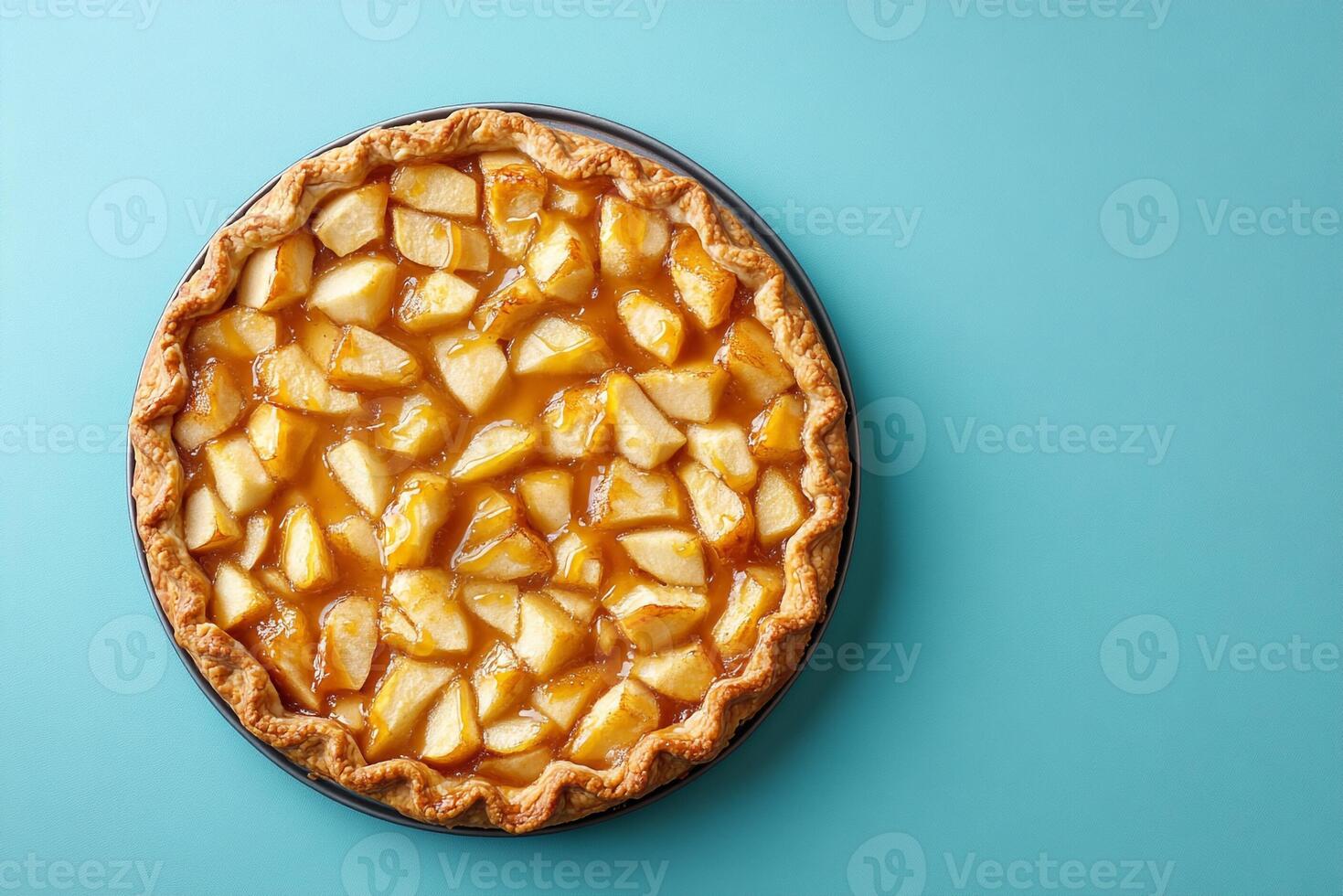 Top View Of Apple Pie With Caramel Sauce On Vibrant Background With Copy Space, Food Photography photo