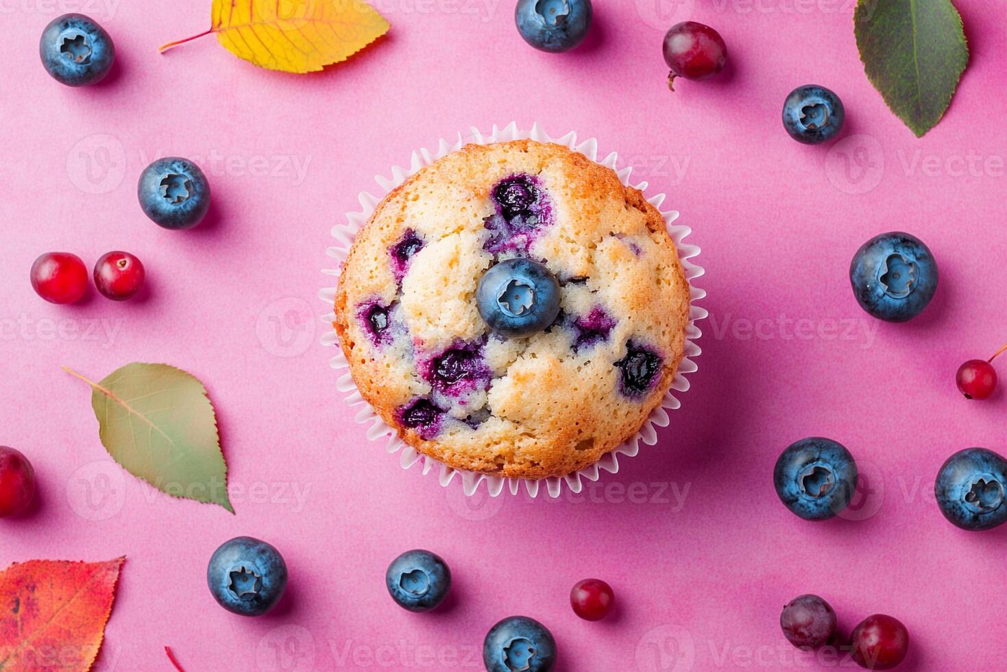 Top View Of Blueberry Muffin On Vibrant Background With Copy Space, Food Photography photo