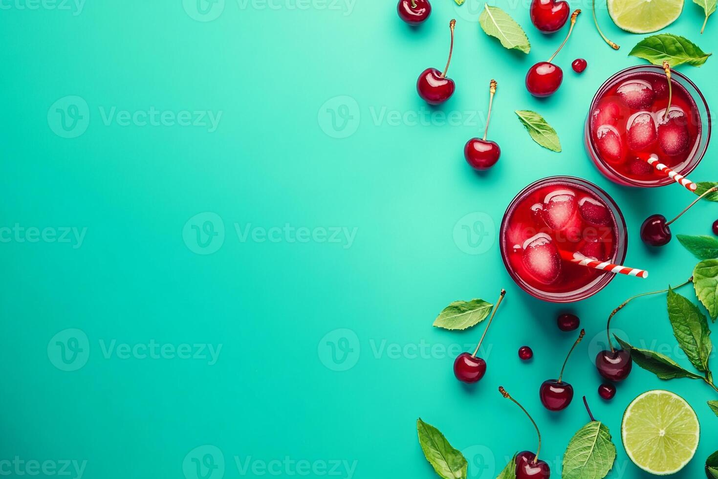 Top View Of Cherry Limeade On Vibrant Background With Copy Space, Food Photography photo