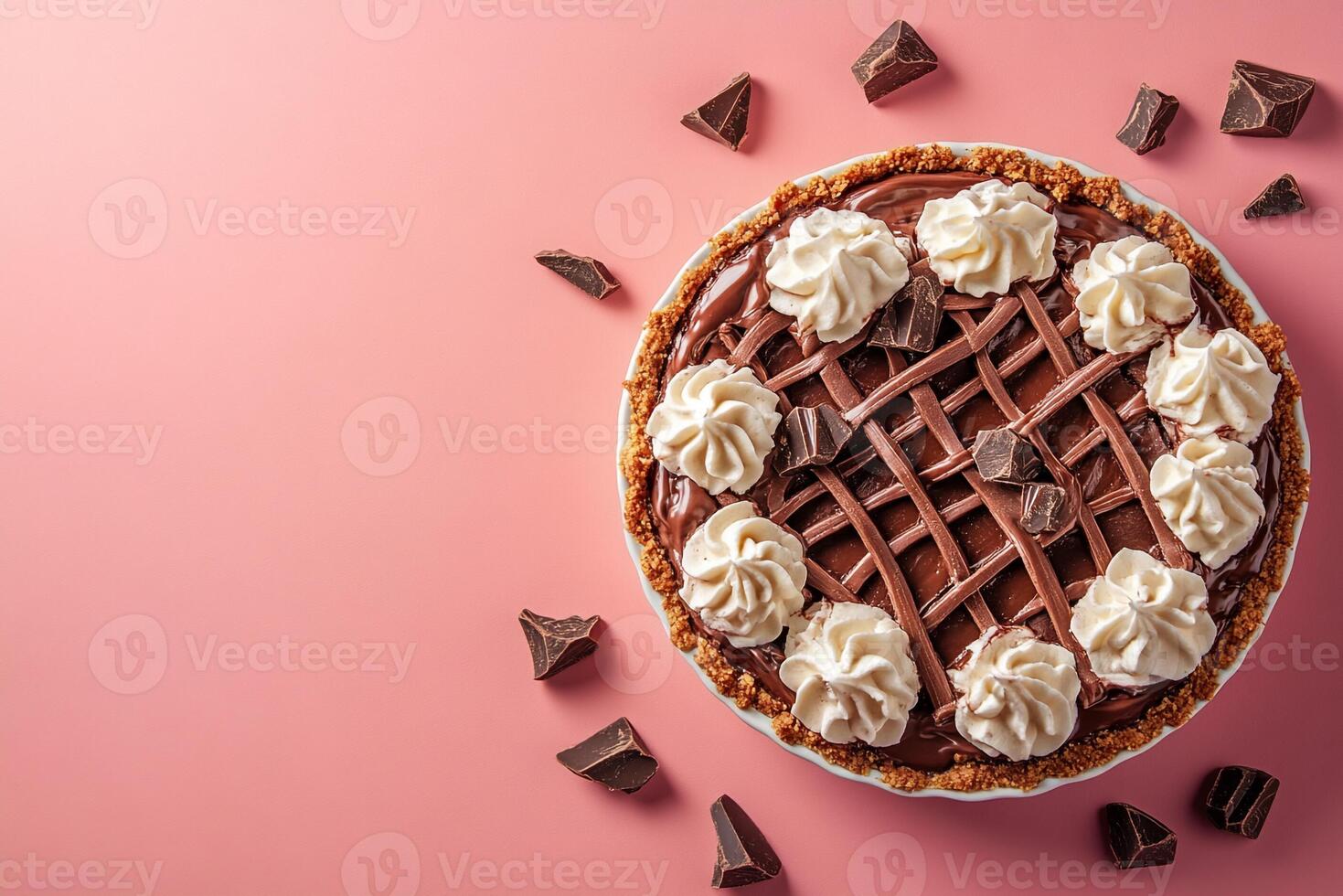 Top View Of Chocolate Cream Pie On Vibrant Background With Copy Space, Food Photography photo