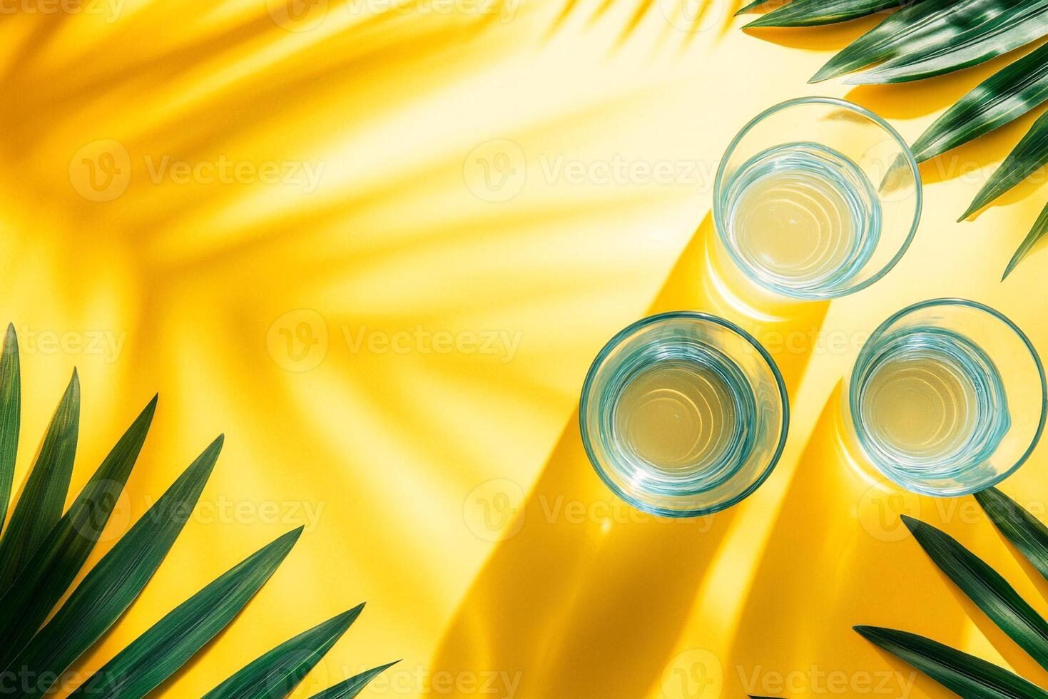 Three glasses of water and a palm leaf on a yellow background photo
