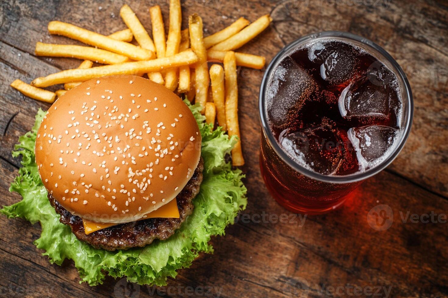 Top View Of Combo Meal Burger, Fries, And Soda On Vibrant Background With Copy Space, Food Photography photo