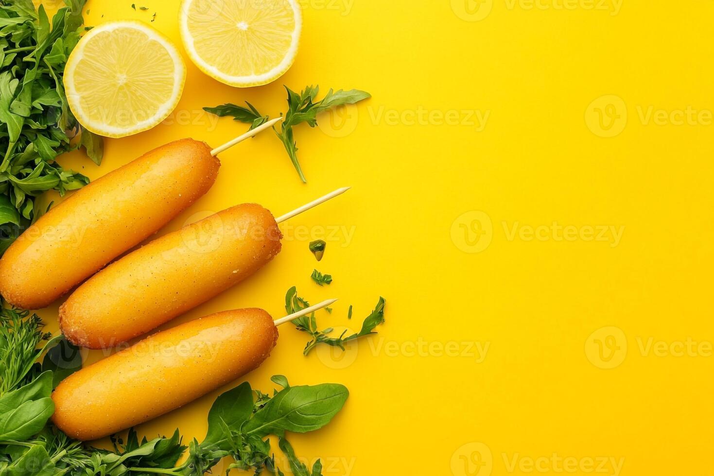Top View Of Corn Dog With Mustard On Vibrant Background With Copy Space, Food Photography photo