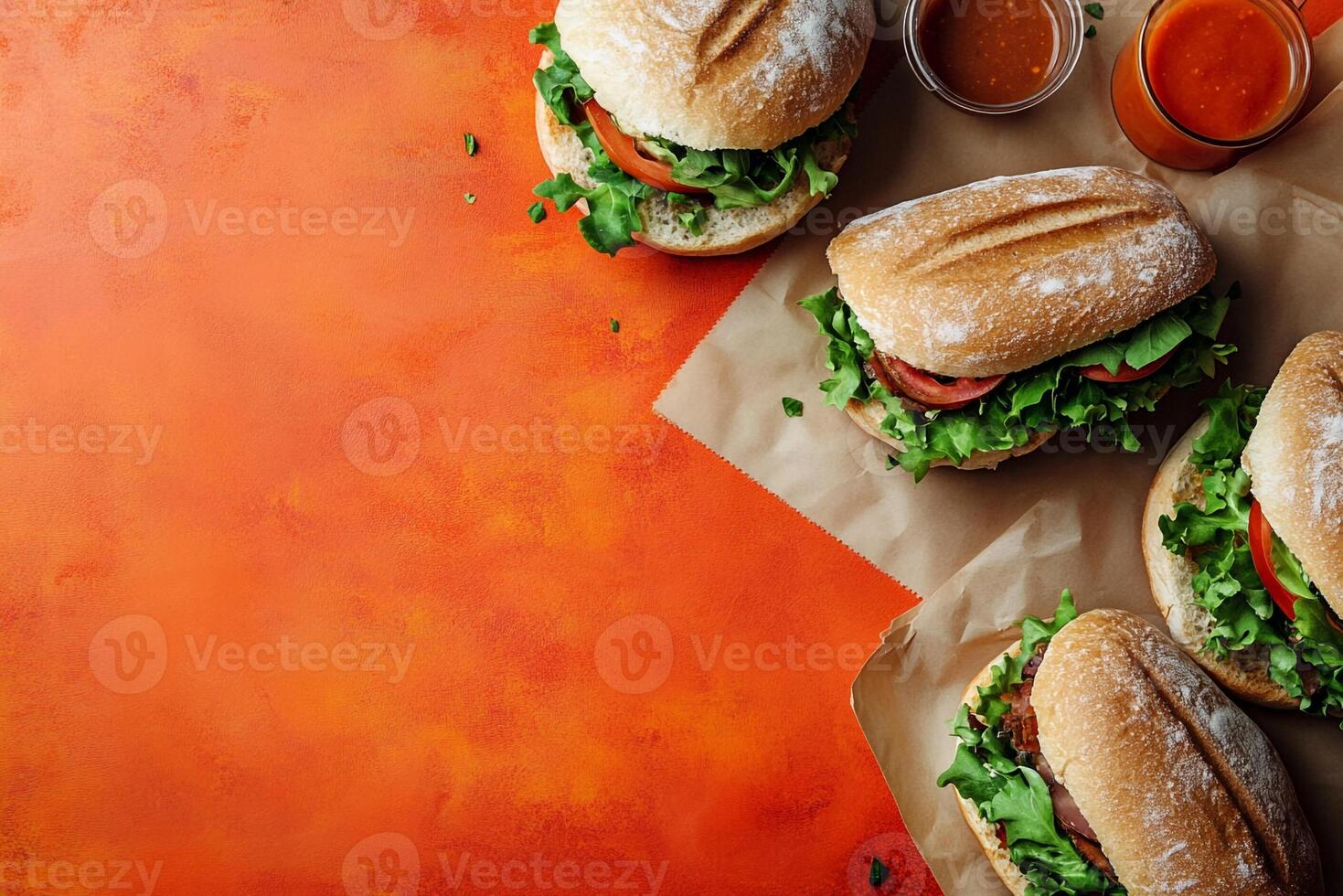Top View Of Fast Casual On Vibrant Background With Copy Space, Food Photography photo