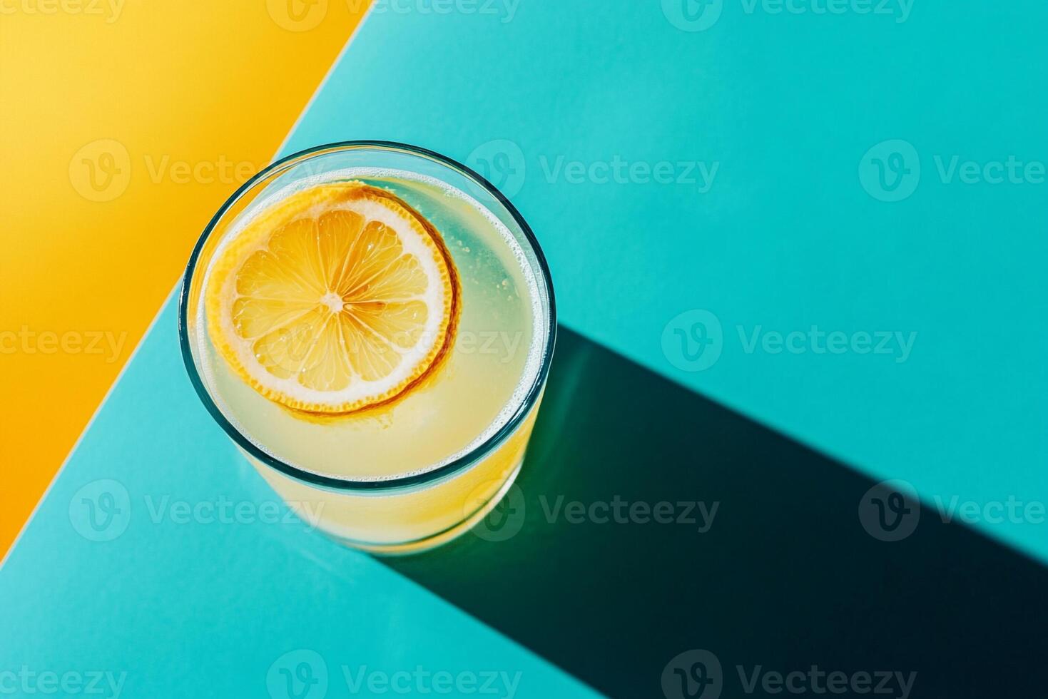 Top View Of Fresh Squeezed Lemonade On Vibrant Background With Copy Space, Food Photography photo
