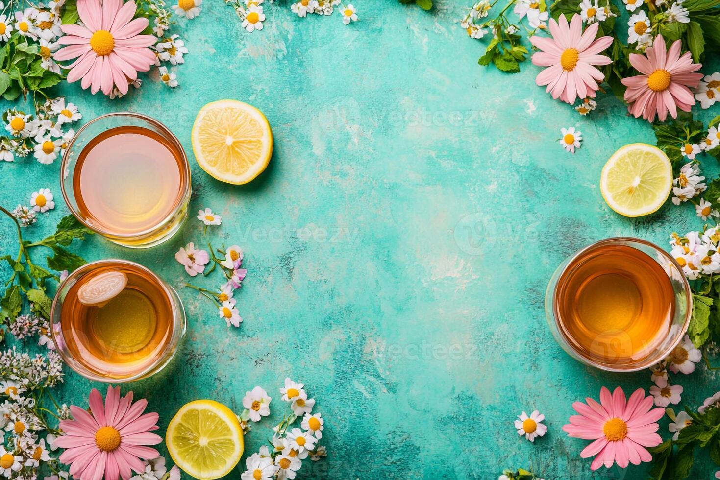 Top View Of Iced Tea With Lemon On Vibrant Background With Copy Space, Food Photography photo