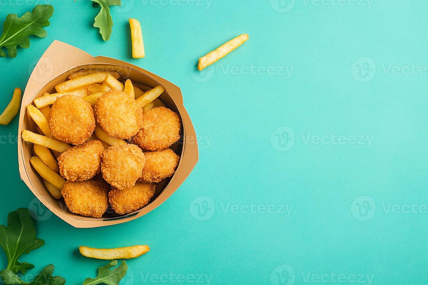 Top View Of Kids Meal With Chicken Nuggets And Fries On Vibrant Background With Copy Space, Food Photography photo