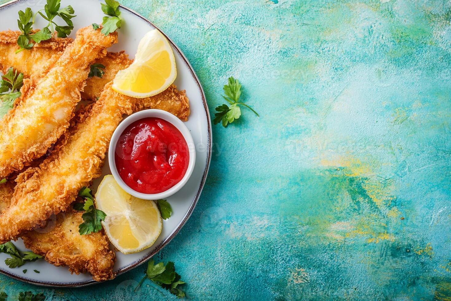 Top View Of Large Fried Catfish Platter On Vibrant Background With Copy Space, Food Photography photo