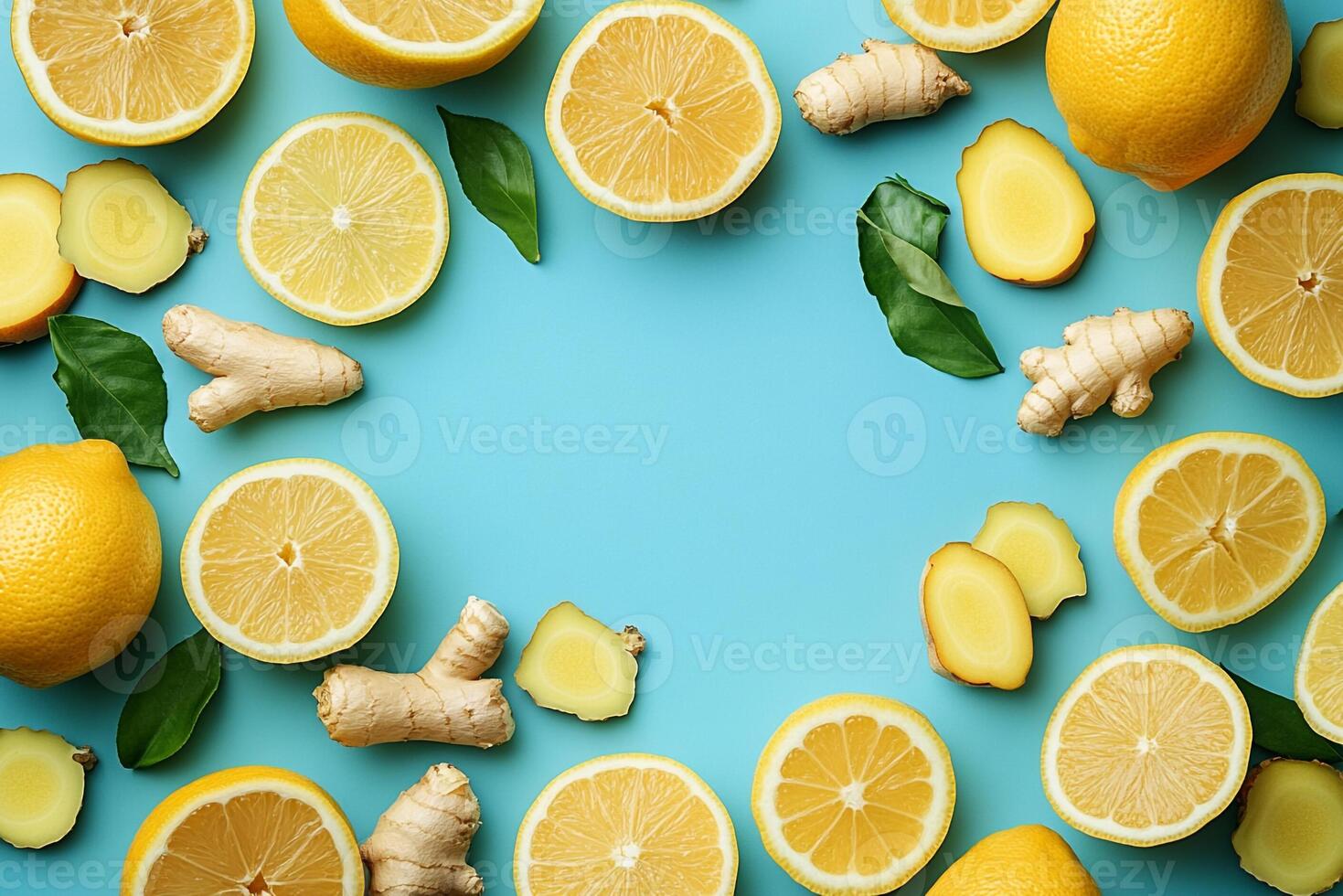 Top View Of Mango Lemonade With Ginger On Vibrant Background With Copy Space, Food Photography photo