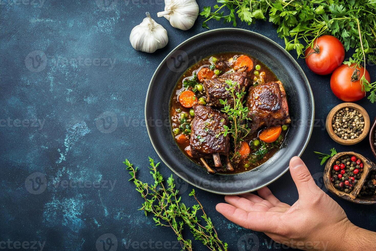 Top view of a plate of lamb chops with vegetables and herbs on a dark blue background photo
