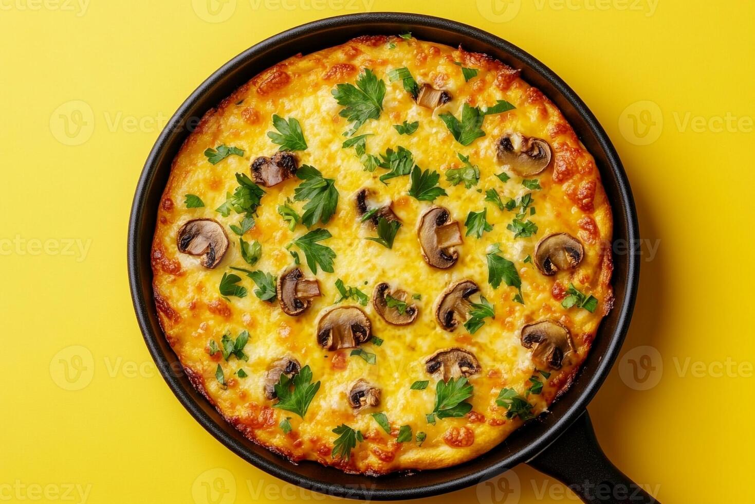 A pan with a cheesy quiche on a yellow background photo