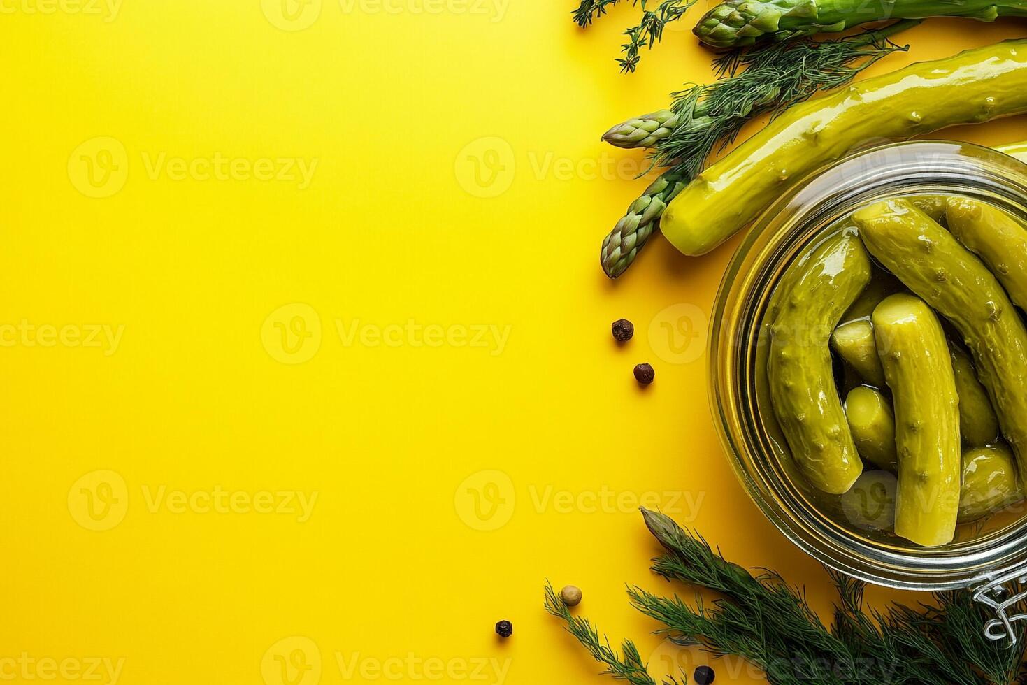 Pickles and asparagus on yellow background photo