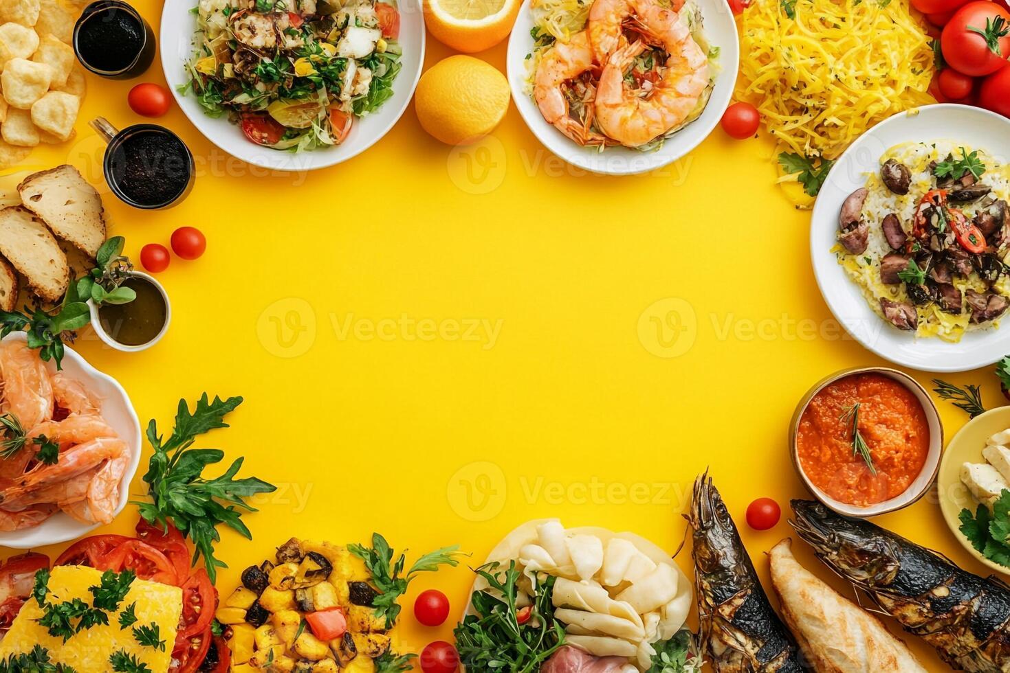 A yellow background with many different types of food photo