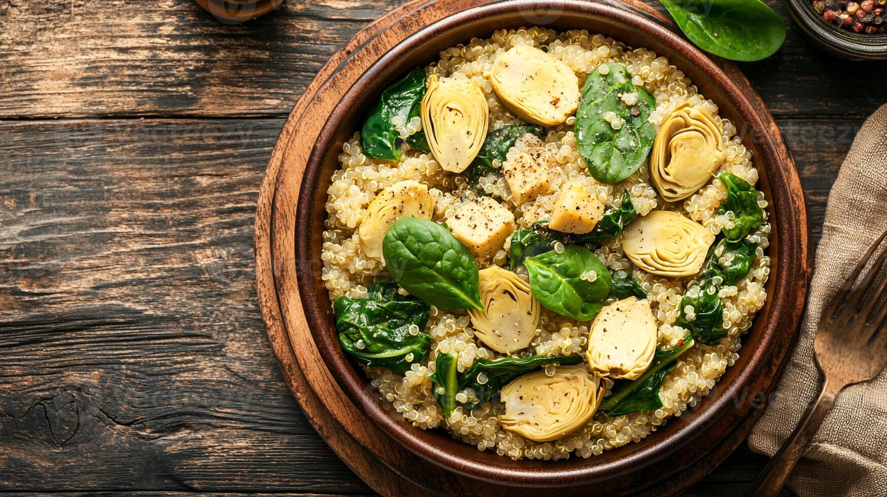 Top View Spinach And Artichoke Quinoa Bowl, Food Setting photo