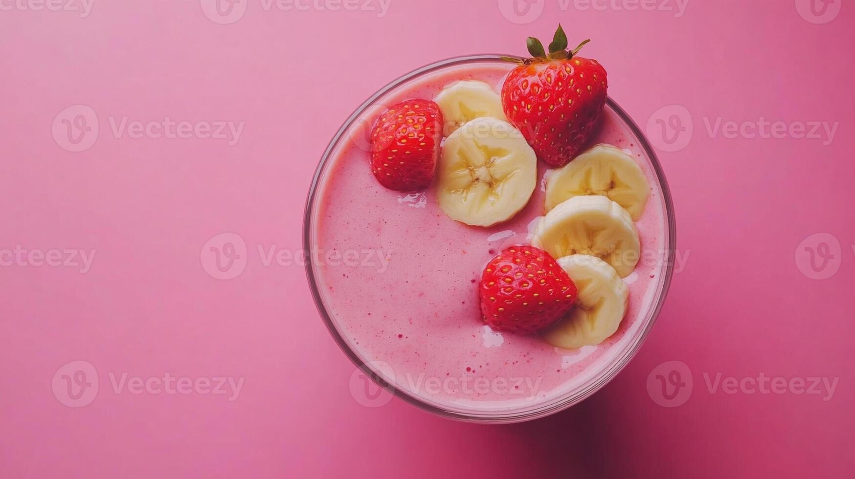 Top View Strawberry Banana Smoothie With Almond Milk, Food Setting photo