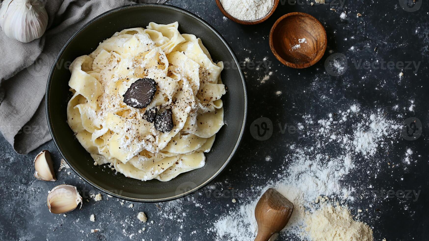 Top View Handmade Pappardelle With White Truffle Cream, Food Image photo