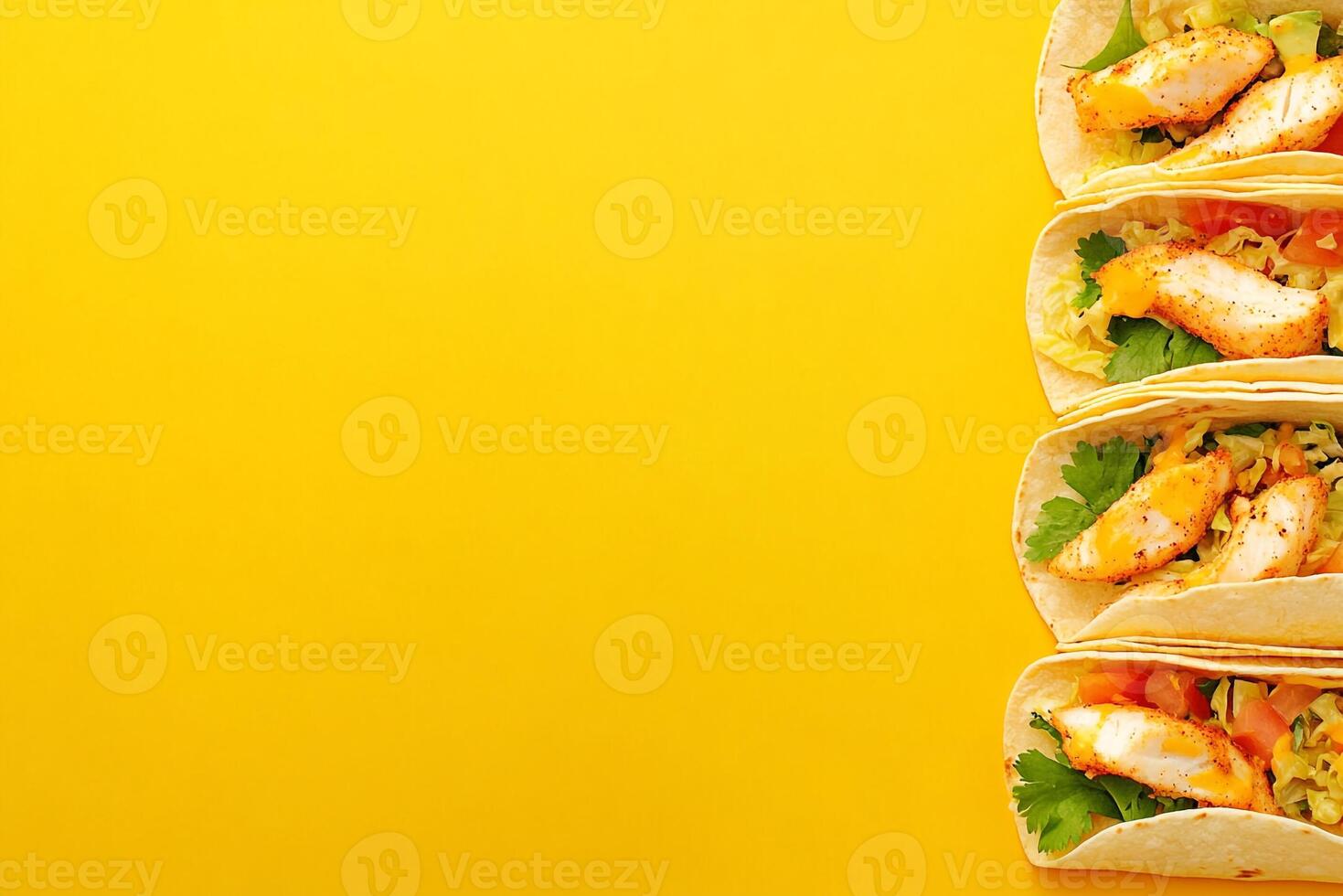 Top View Of Baja Fish Tacos With Cabbage Slaw On Vibrant Background With Copy Space, Food Setting photo