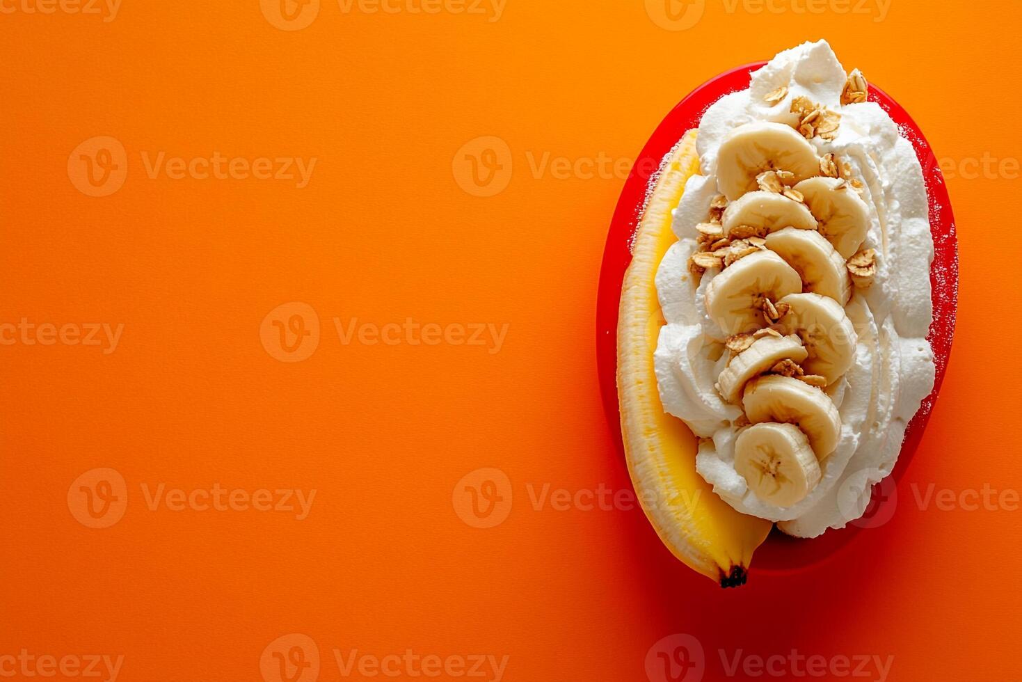 Top View Of Banana Split On Vibrant Background With Copy Space, Food Setting photo