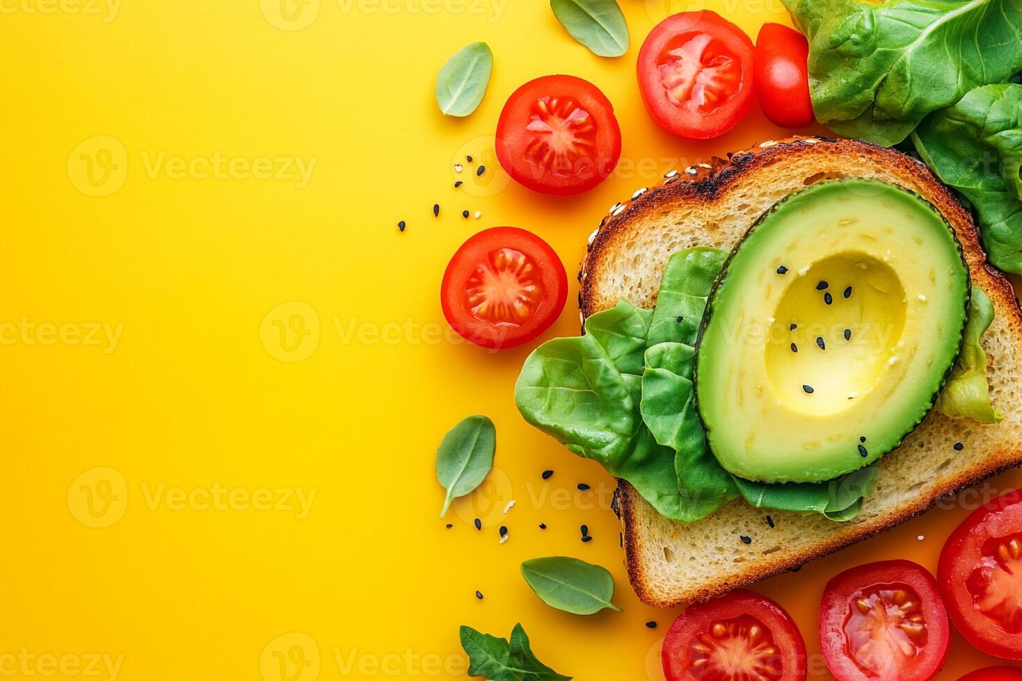 Top View Of Blt Sandwich With Avocado On Vibrant Background With Copy Space, Food Setting photo
