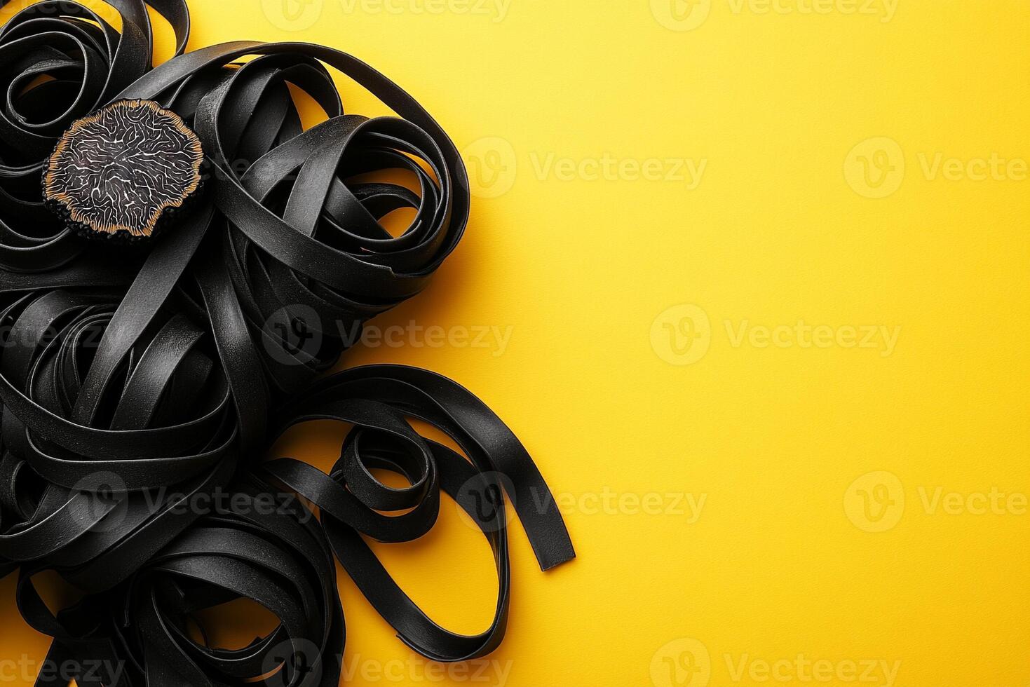 Top View Of Black Truffle Tagliatelle On Vibrant Background With Copy Space, Food Setting photo