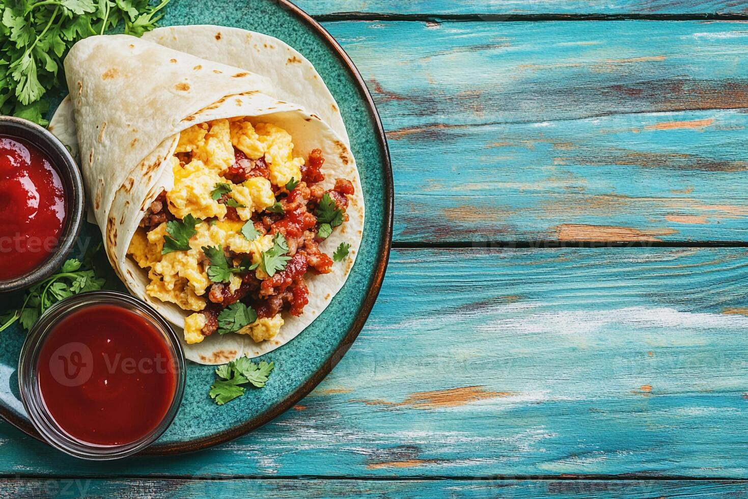 Top View Of Breakfast Burrito With Sausage On Vibrant Background With Copy Space, Food Setting photo